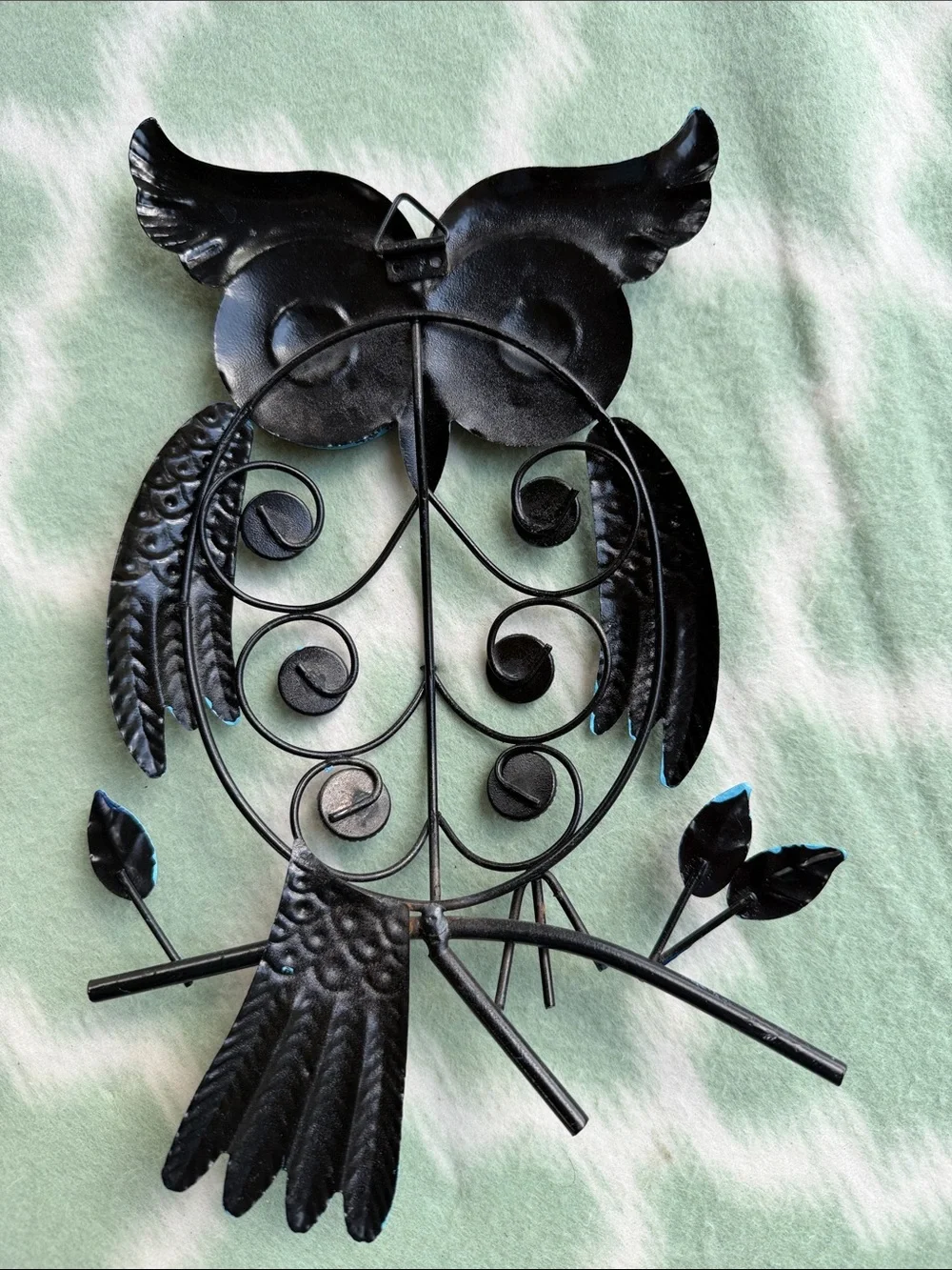 Blue Crystal Accent Metal Owl Wall Decor - Stylish Home Accent - Charcoal Color